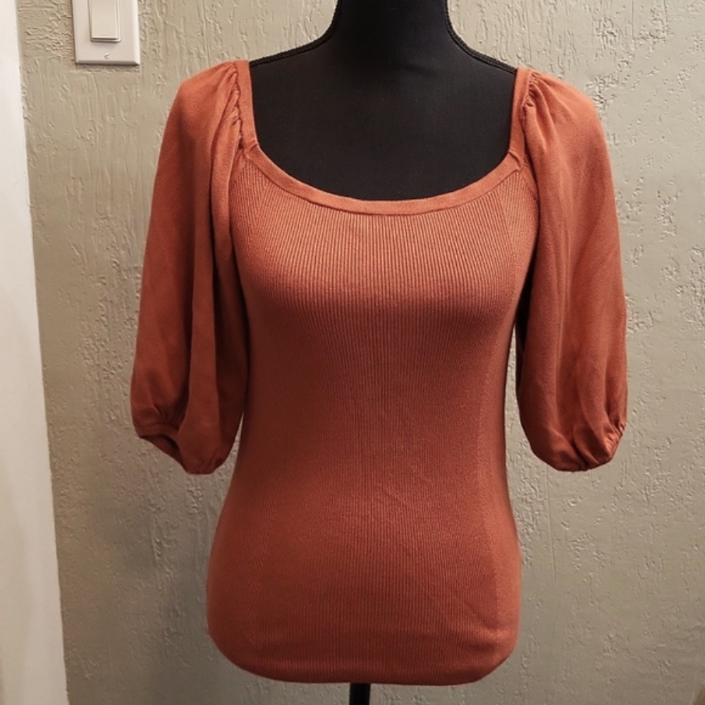 Express Scoop Neck 3/4 Puff Sleeve Ribbed Sweater Rust Brown